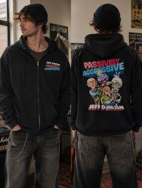 Dunham Black Zip-Up Hoodie with Multicolor 'Passively Aggressive' Tour Sweater